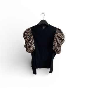 Gracia Black Top with Gold Sequin Puff Sleeves